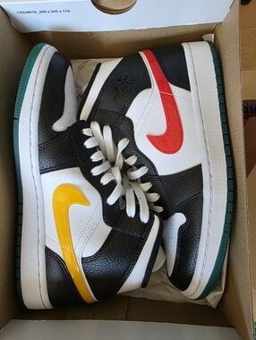 Womens Colorblock High-Top Sneakers - Black/White with Red & Yellow Swoosh